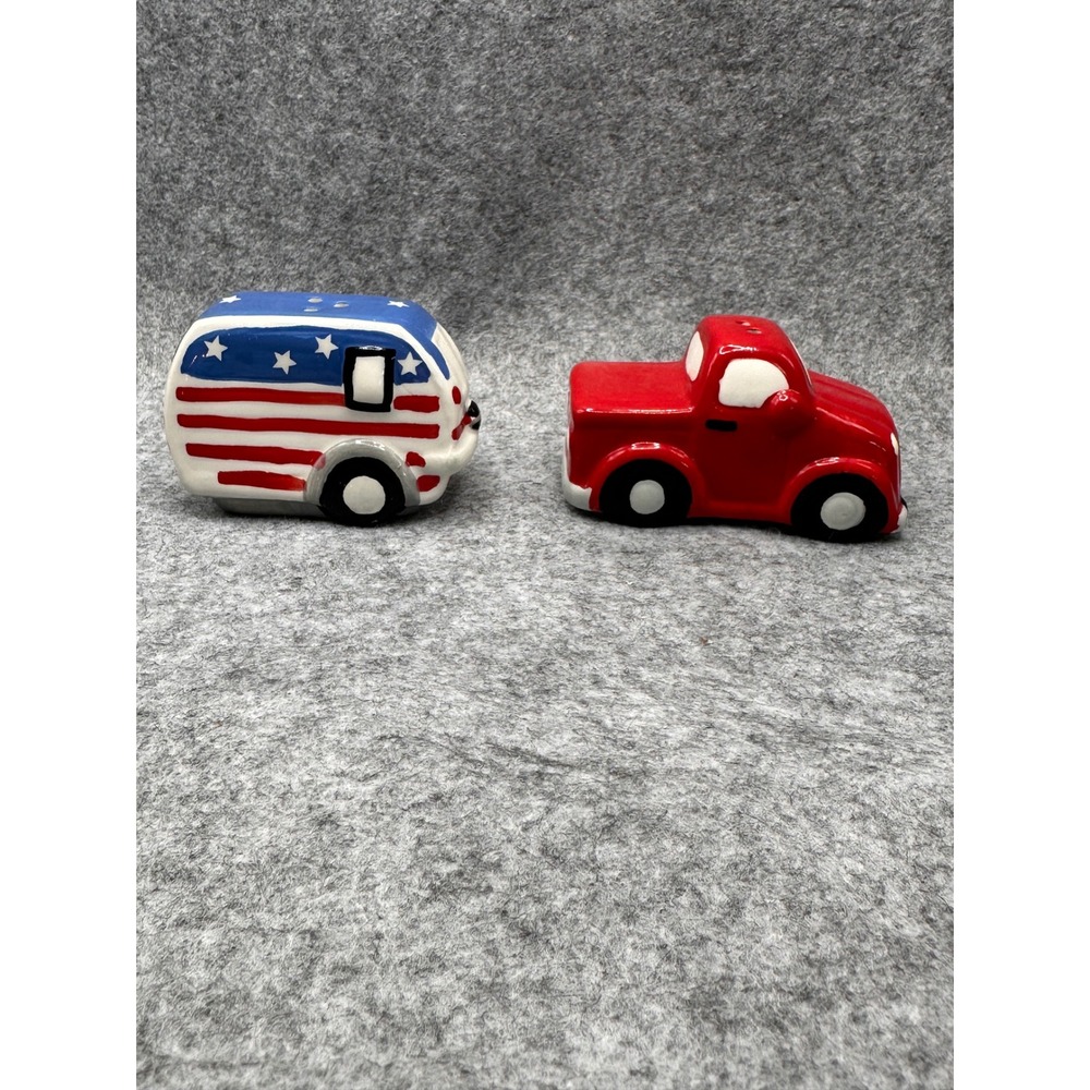 Patriotic Red Truck and American Flag Camper Ceramic Salt and Pepper Shakerโ Set